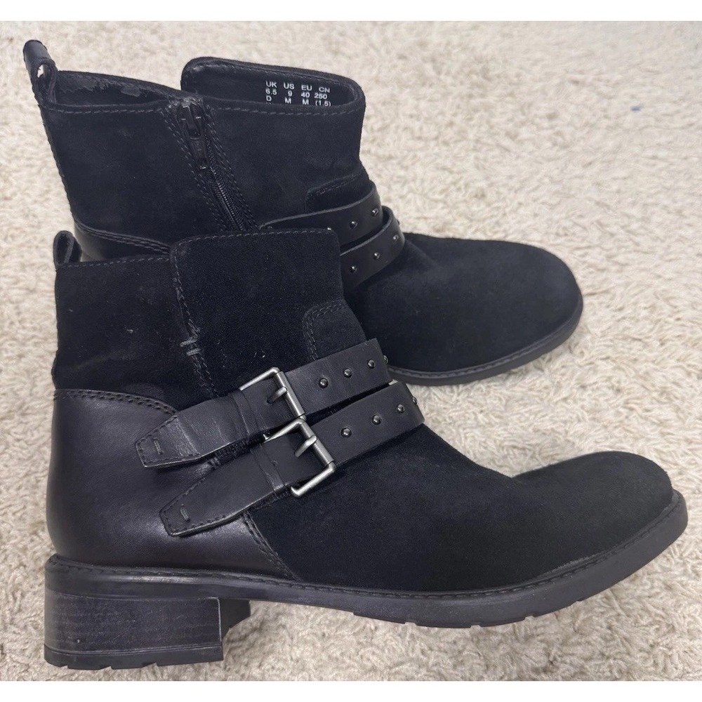 Clarks Swansea Grove‎ Black Suede Moto Boots Ankle Zip Buckle Size 9M Biker Boho